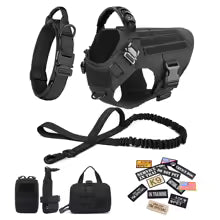Military dog harness set with collar, leash, bags, patches, tactical.