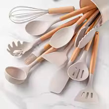 12pcs silicone kitchen utensils set with wooden handles, heat-resistant, nonstick.